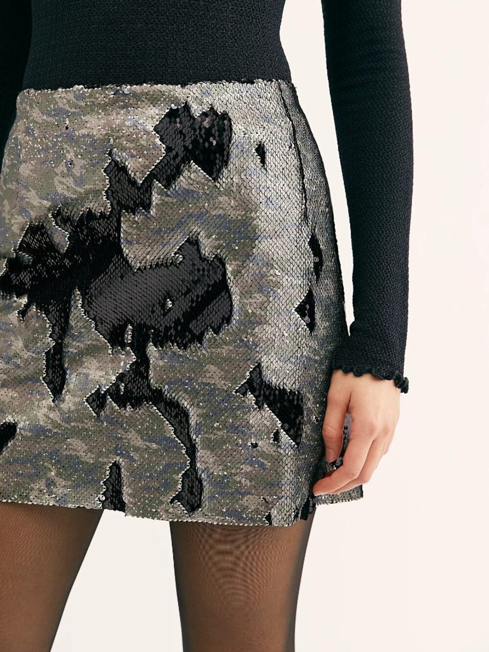 Free People Sequin Camo Black Mini Skirt Size 0